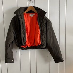 Dark Green Cropped Jacket with Bright Orange Lining